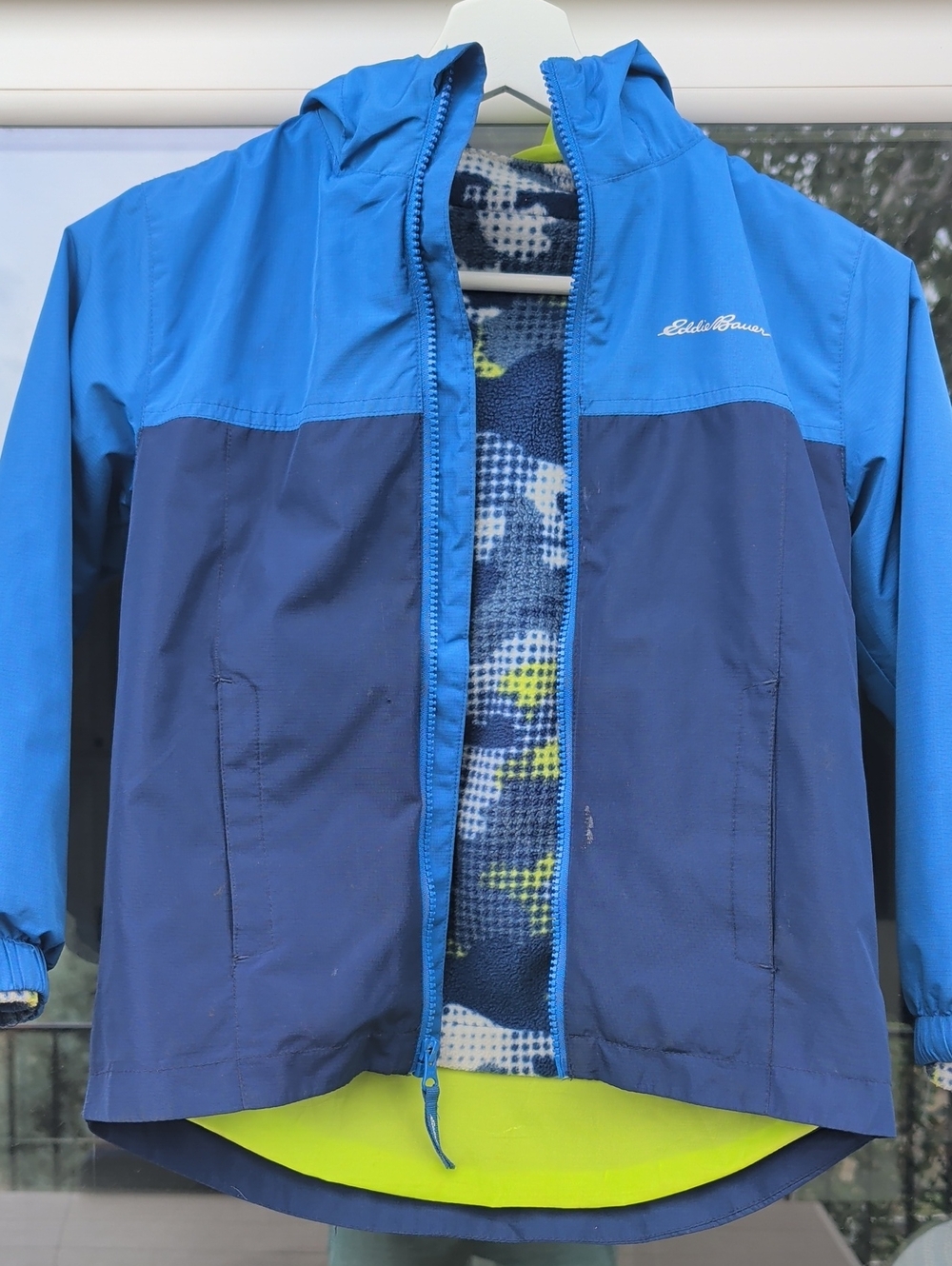 Eddie Bauer Blue 2 In 1 Hooded Kids Raincoat And Zip In Fleece Jackets